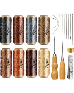 FEPITO 21pcs Leather Waxed Thread 8 Color 264 Yards 150D Leather Sewing Waxed Thread Cord with Leather Craft Hand Tools Kit for DIY Sewing Craft