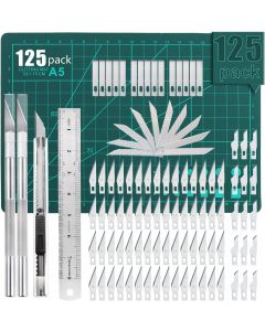 125 PCS Precision Hobby Knife Kit ,110 PCS Carving Blades with 2 Handles, 11PCS SK5 Art Blades with 1 Handles, Cutting Board, Steel Rule,Craft Knife Set for DIY Art Work, Scrapbook.