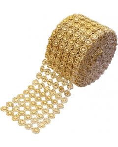 YYaaloa Crafts Faux Diamond Bling Wrap 4" x 10 Yards 6 Rows Gold Flower Pattern Faux Rhinestone Crystal Mesh Ribbon Roll for Wedding, Party, Centerpiece, Cake, Vase Sparkling Decoration (Gold)